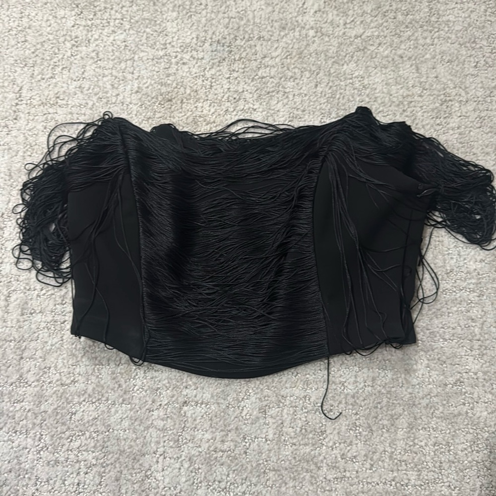 SIMKHAI off the shoulder Carli draped black fringe top